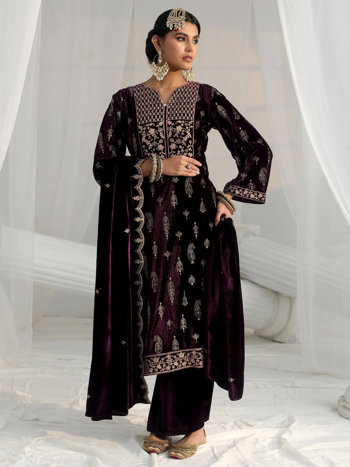 Libas Plum Puprle Floral Embroidered Velvet Straight Suit Set