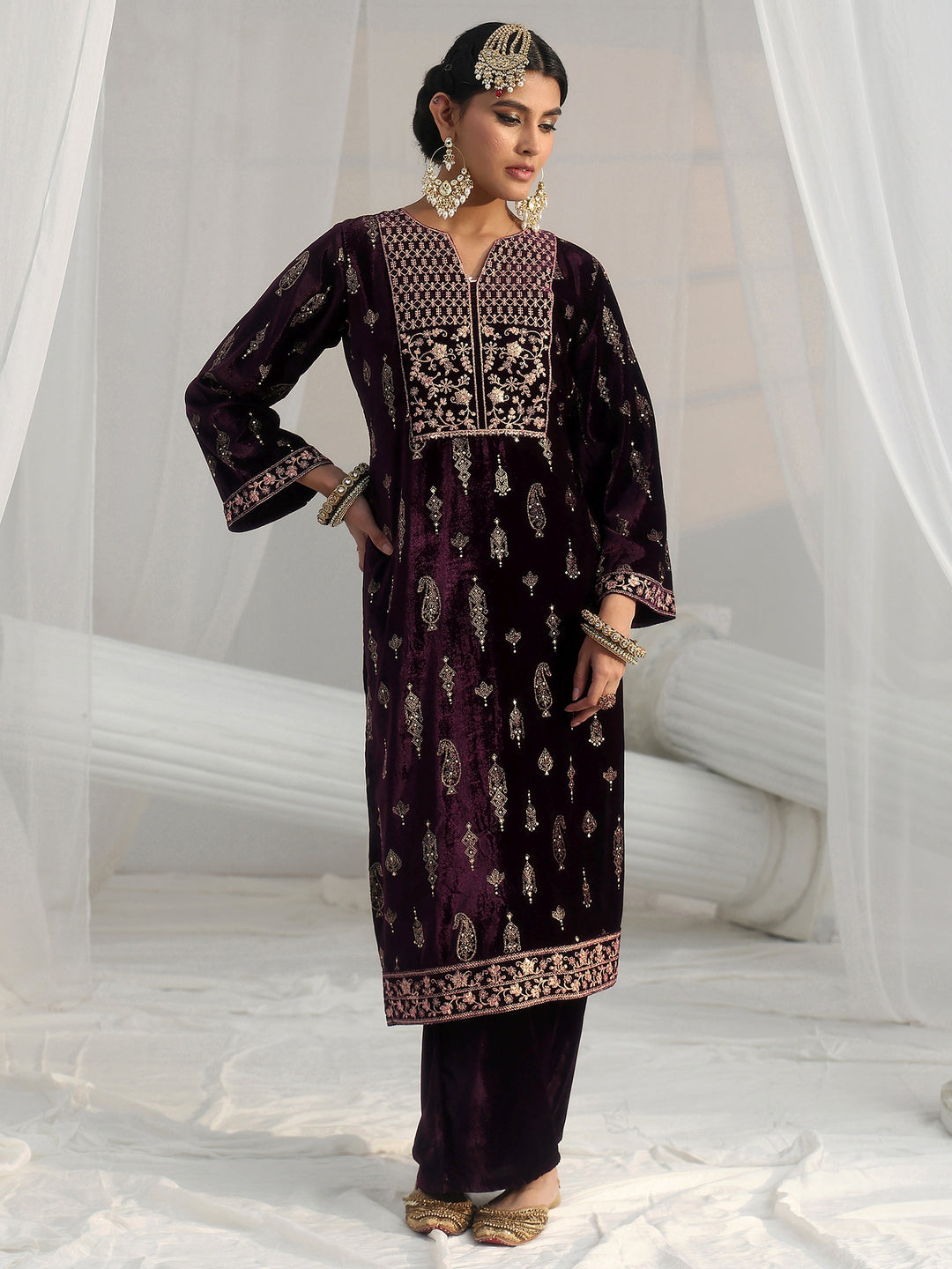 Libas Plum Puprle Floral Embroidered Velvet Straight Suit Set