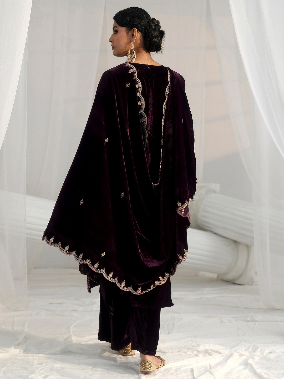 Libas Plum Puprle Floral Embroidered Velvet Straight Suit Set