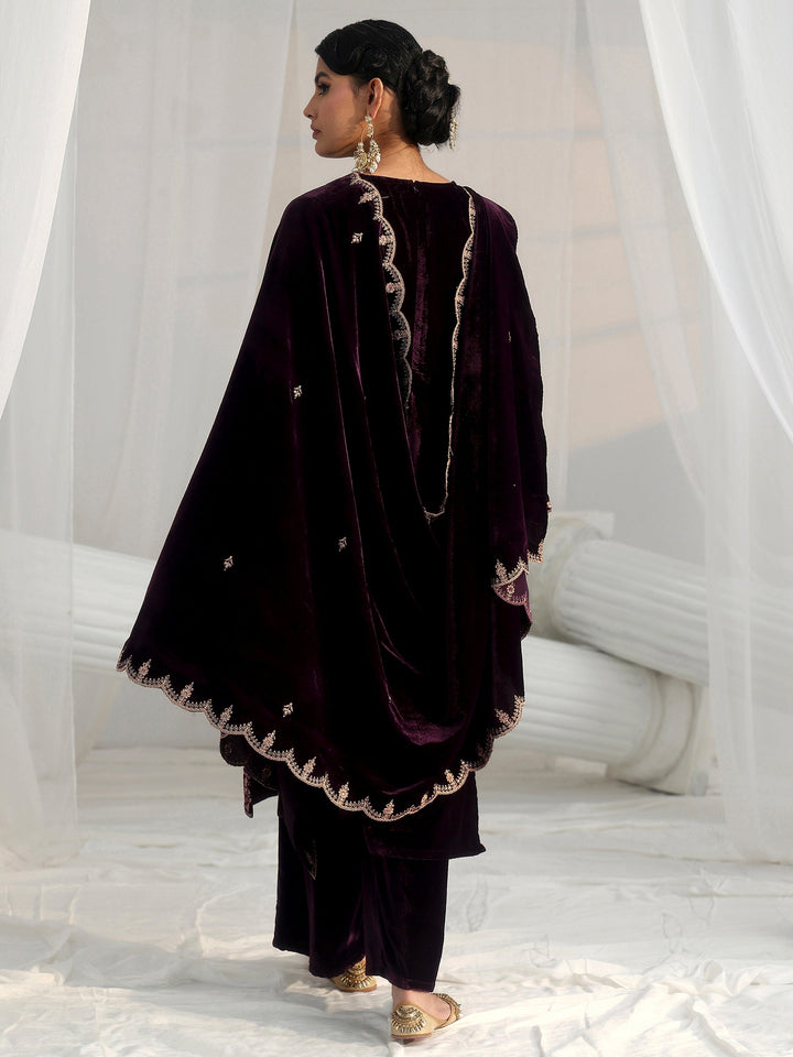Libas Plum Puprle Floral Embroidered Velvet Straight Suit Set