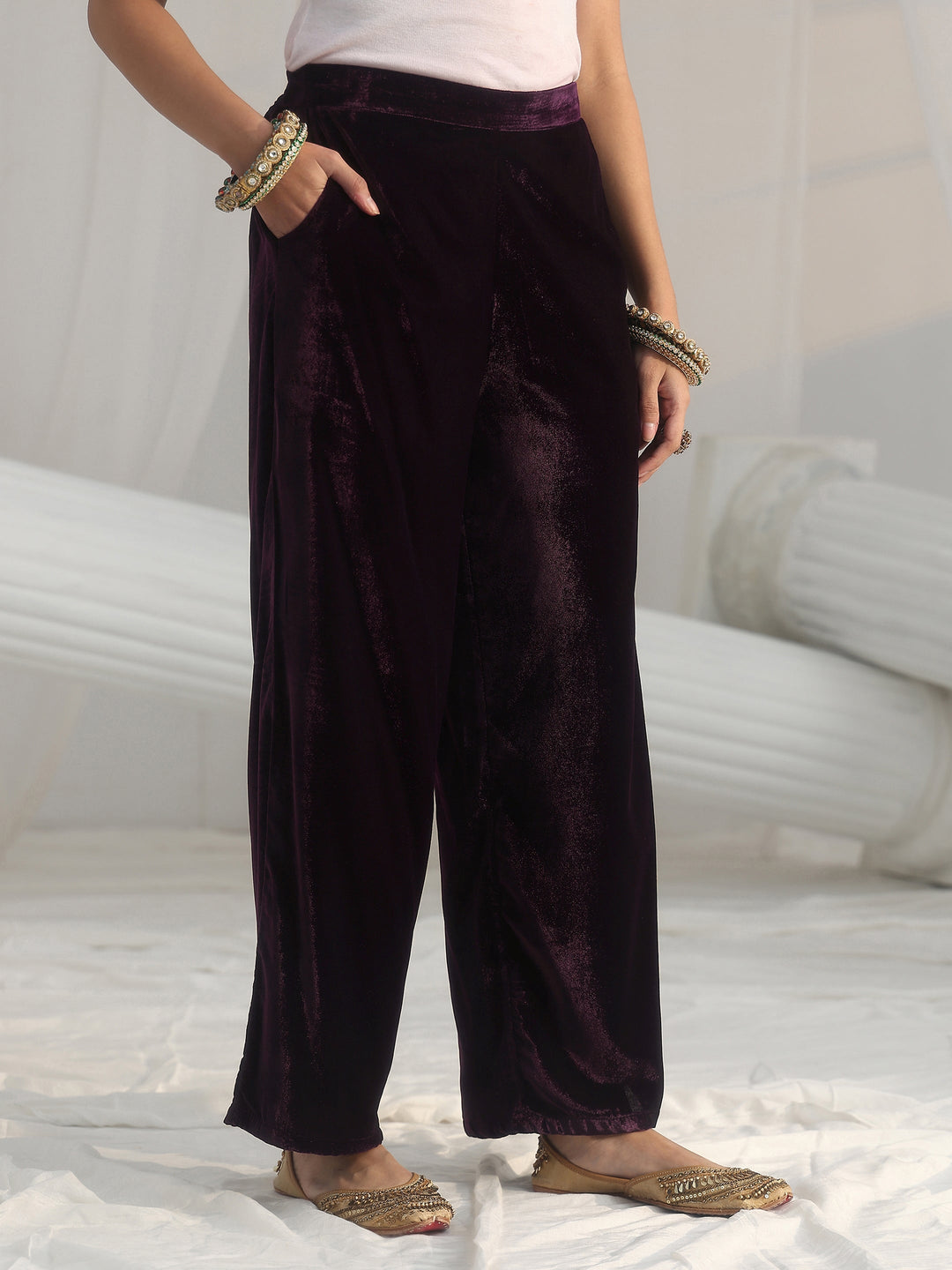 Libas Plum Puprle Floral Embroidered Velvet Straight Suit Set