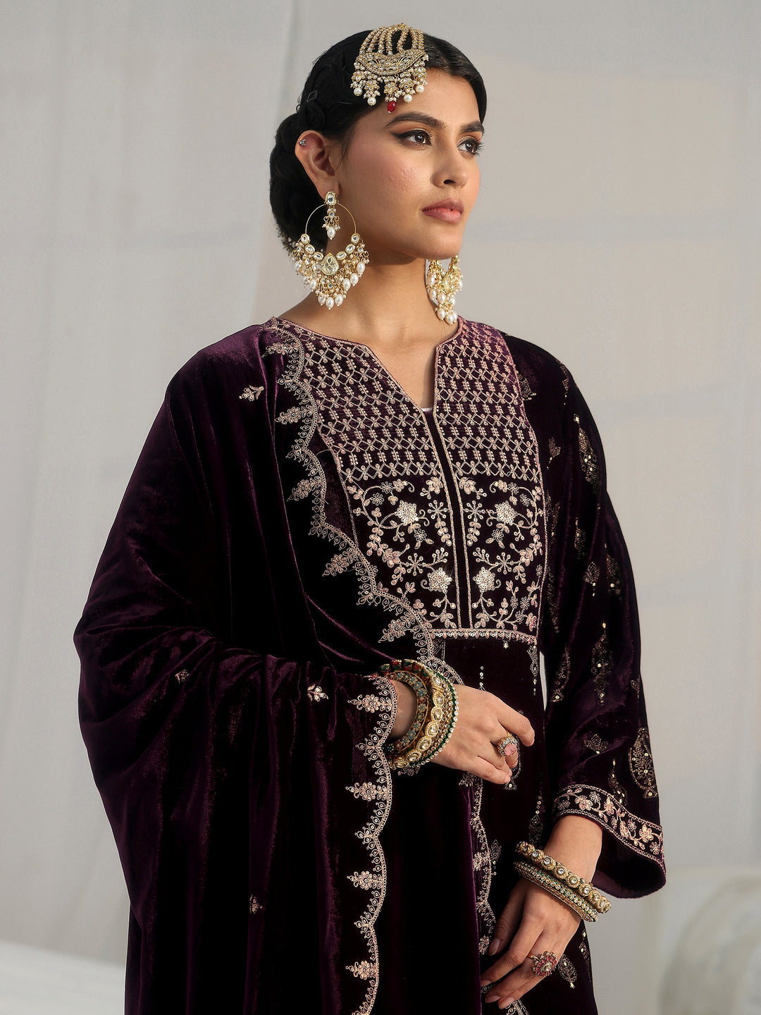 Libas Plum Puprle Floral Embroidered Velvet Straight Suit Set