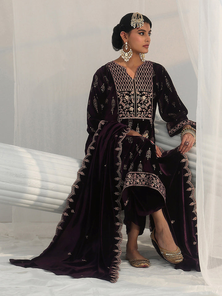 Libas Plum Puprle Floral Embroidered Velvet Straight Suit Set
