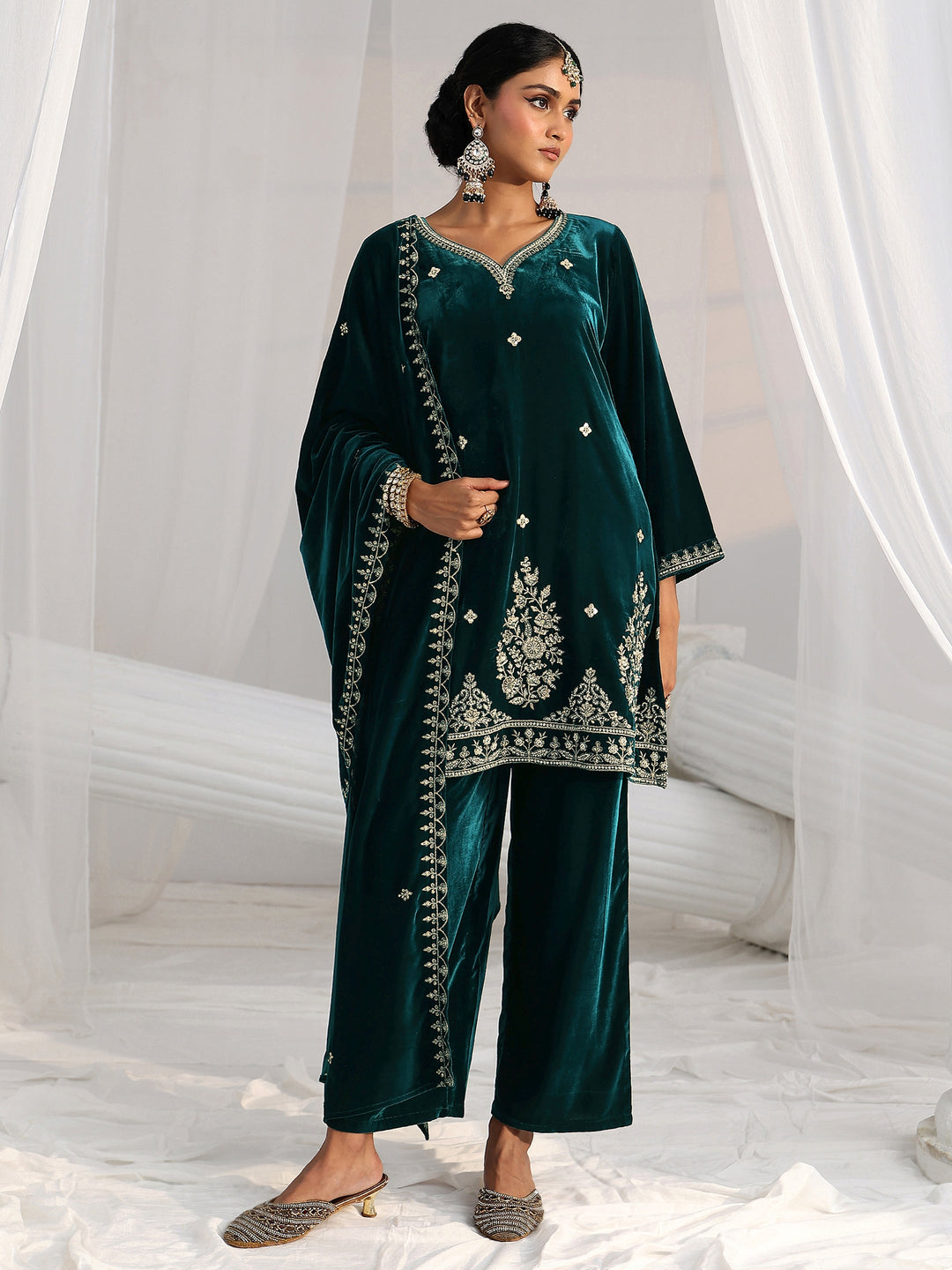 Libas Teal Green Floral Embroidered Velvet Straight Suit Set