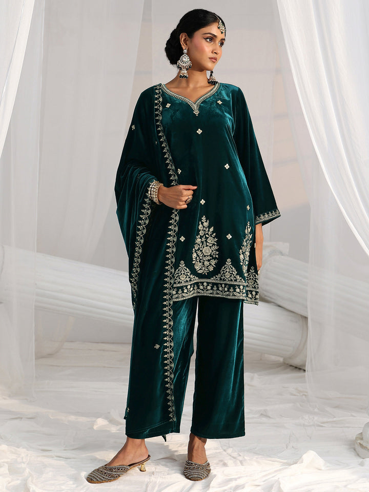 Libas Teal Green Floral Embroidered Velvet Straight Suit Set