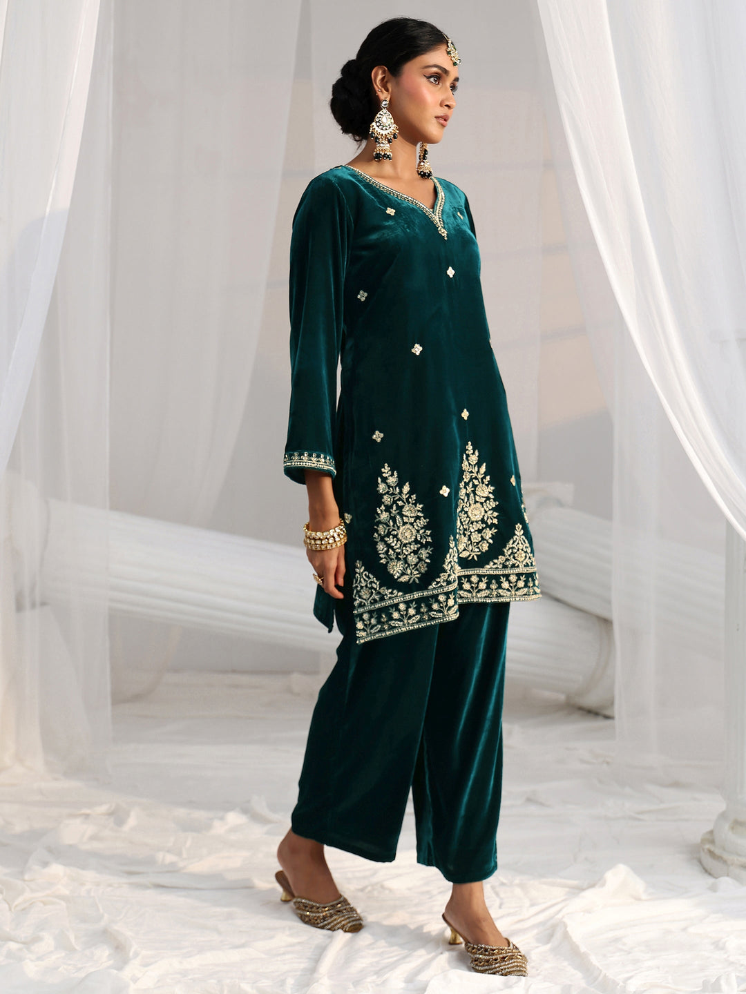 Libas Teal Green Floral Embroidered Velvet Straight Suit Set