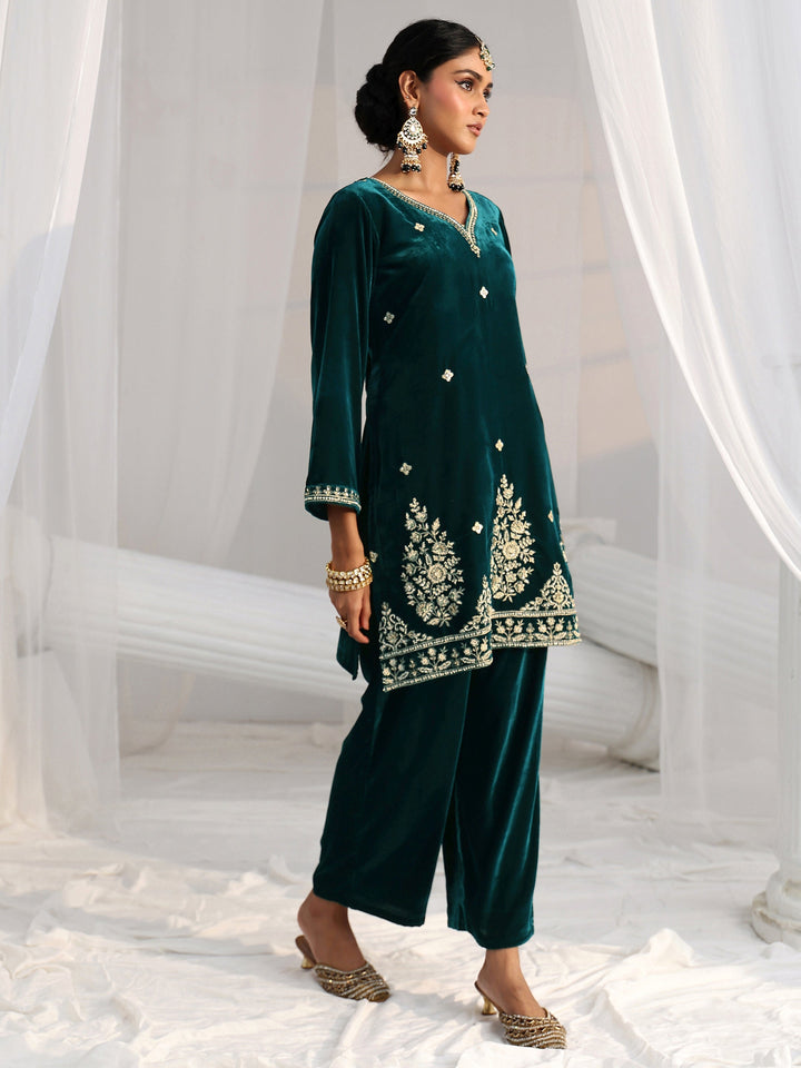 Libas Teal Green Floral Embroidered Velvet Straight Suit Set