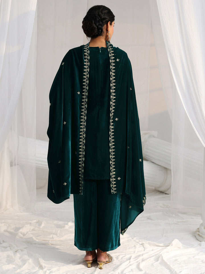 Libas Teal Green Floral Embroidered Velvet Straight Suit Set