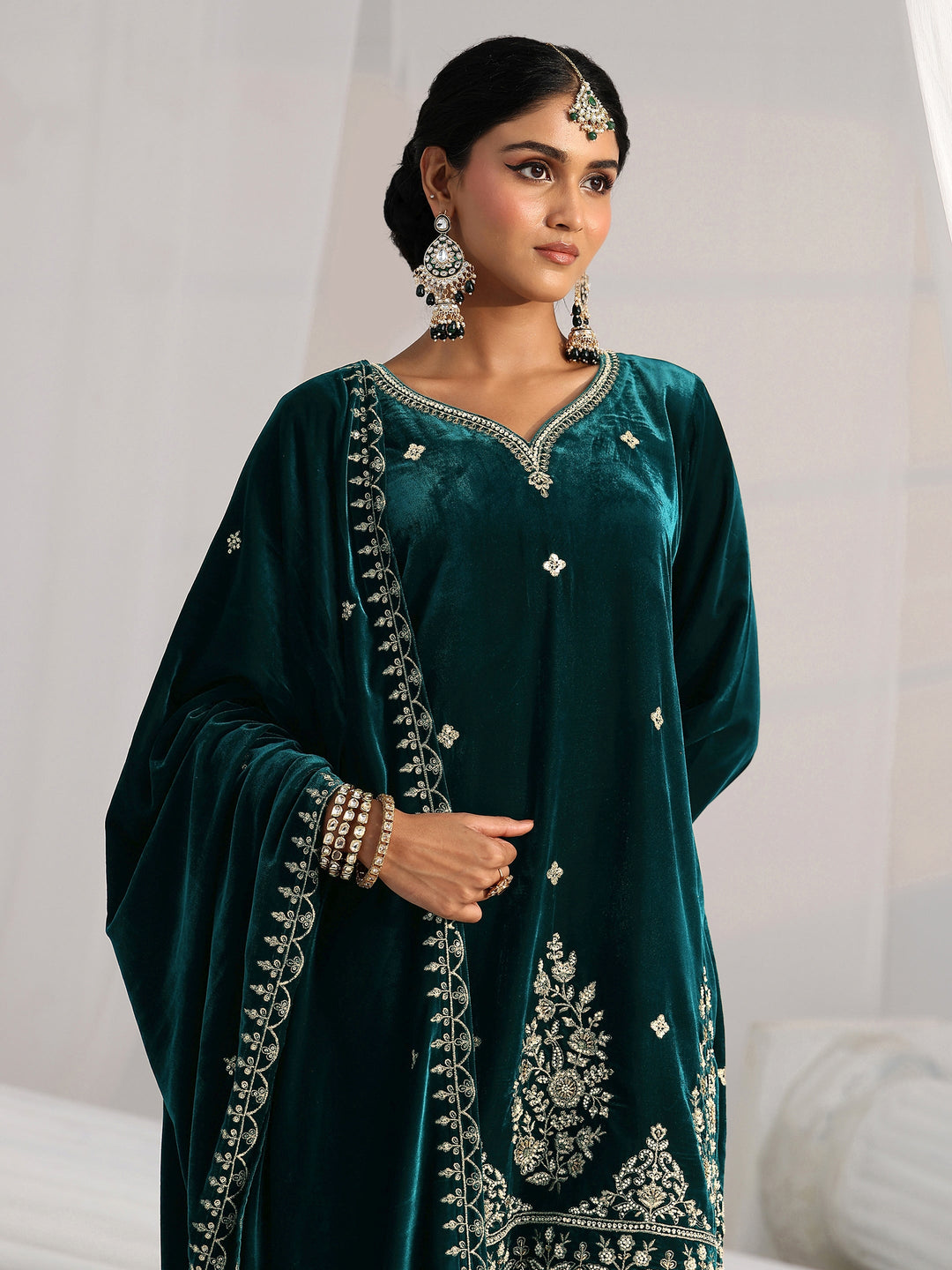 Libas Teal Green Floral Embroidered Velvet Straight Suit Set