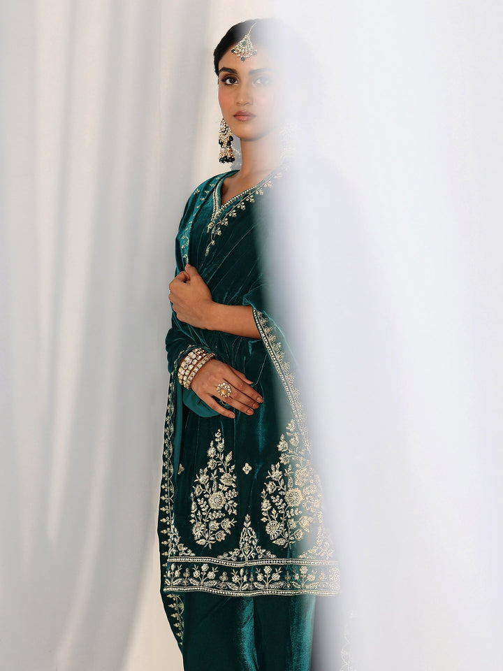 Libas Teal Green Floral Embroidered Velvet Straight Suit Set