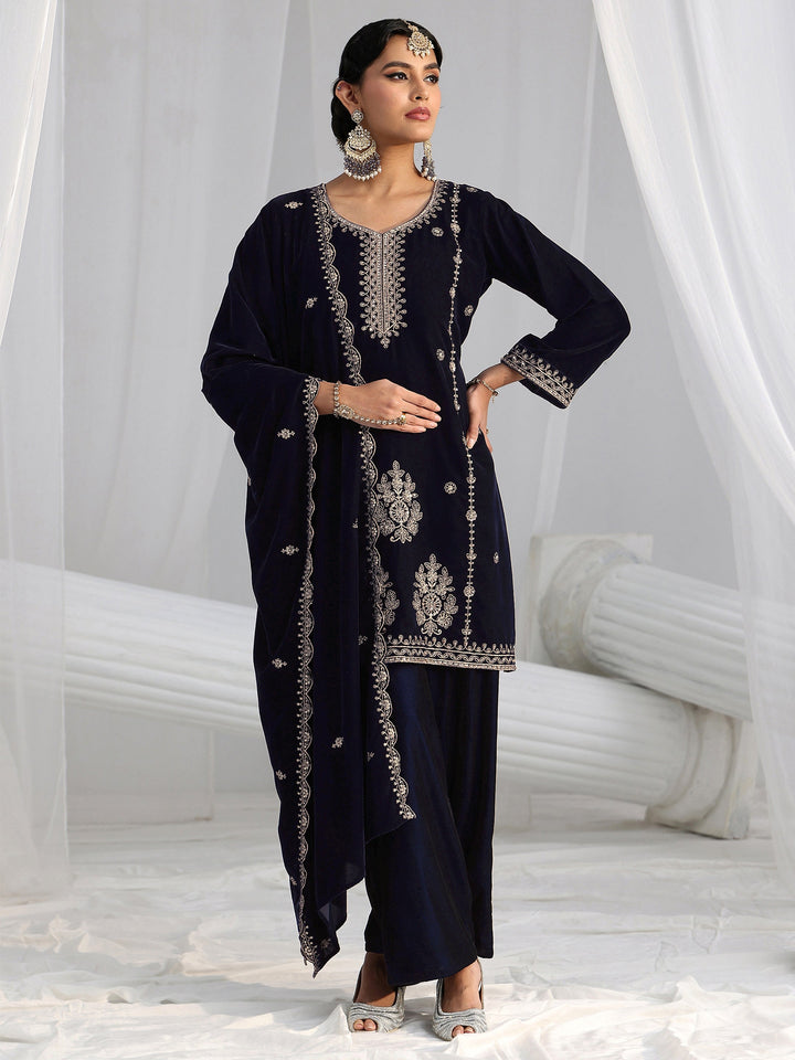 Libas Navy Blue Floral Embroidered Velvet Straight Suit Set