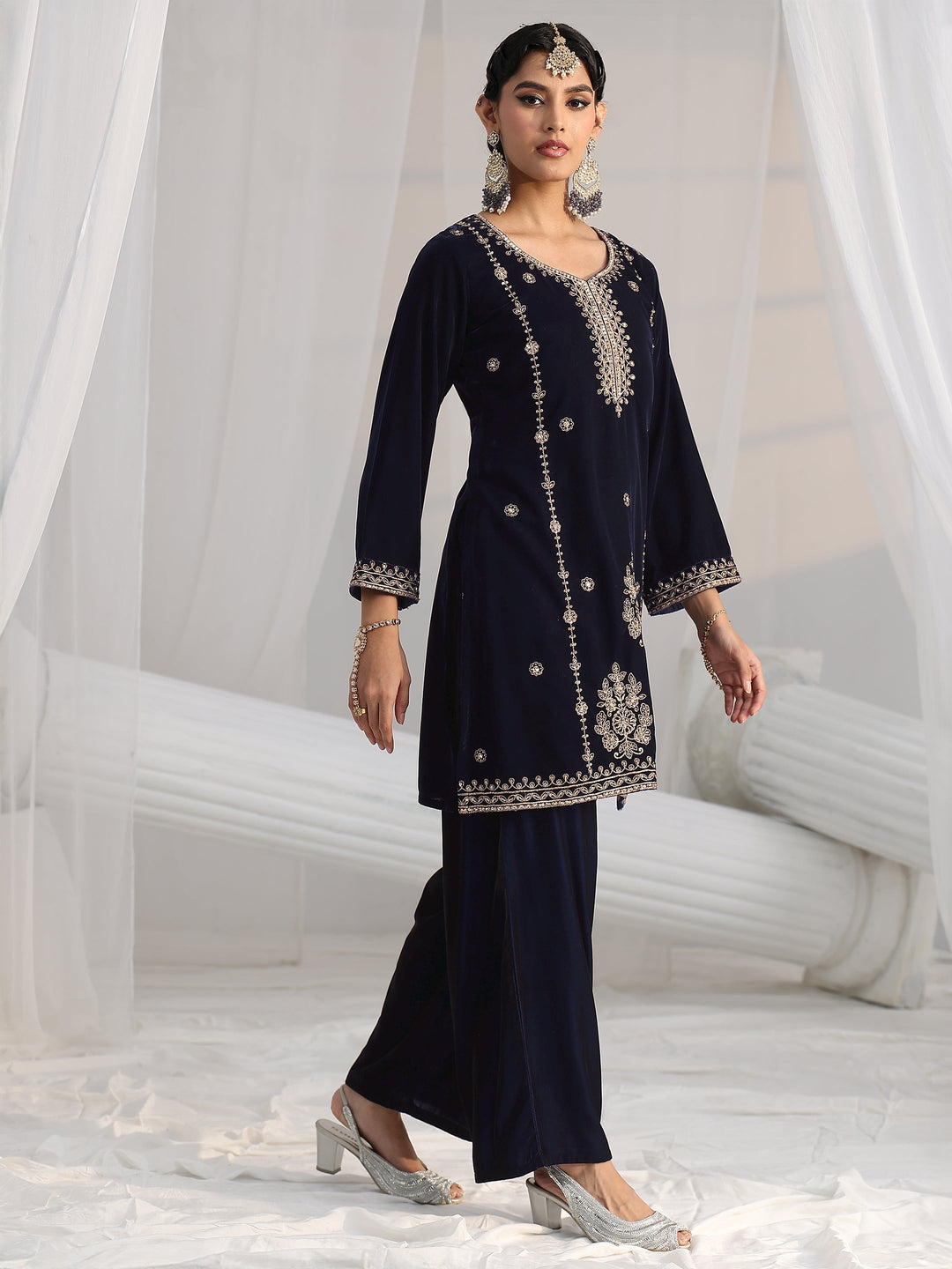 Libas Navy Blue Floral Embroidered Velvet Straight Suit Set