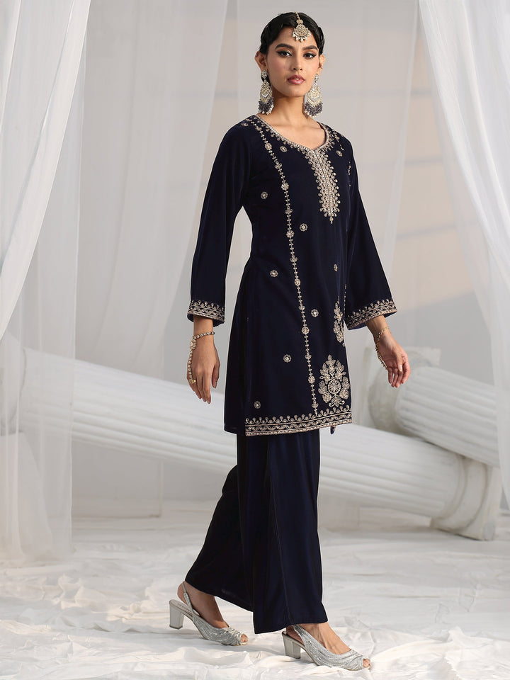 Libas Navy Blue Floral Embroidered Velvet Straight Suit Set