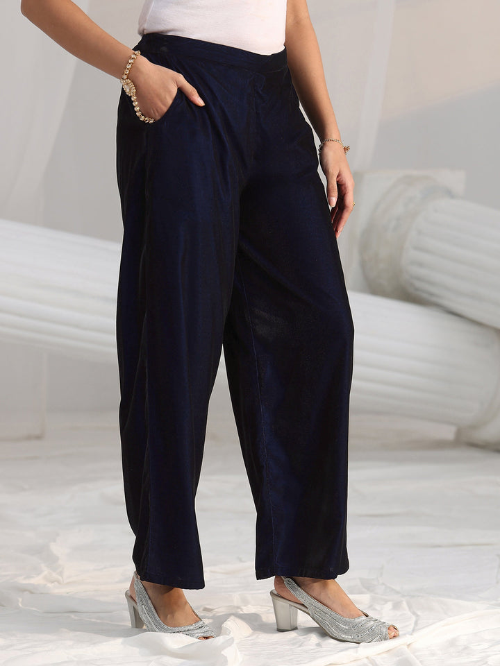 Libas Navy Blue Floral Embroidered Velvet Straight Suit Set