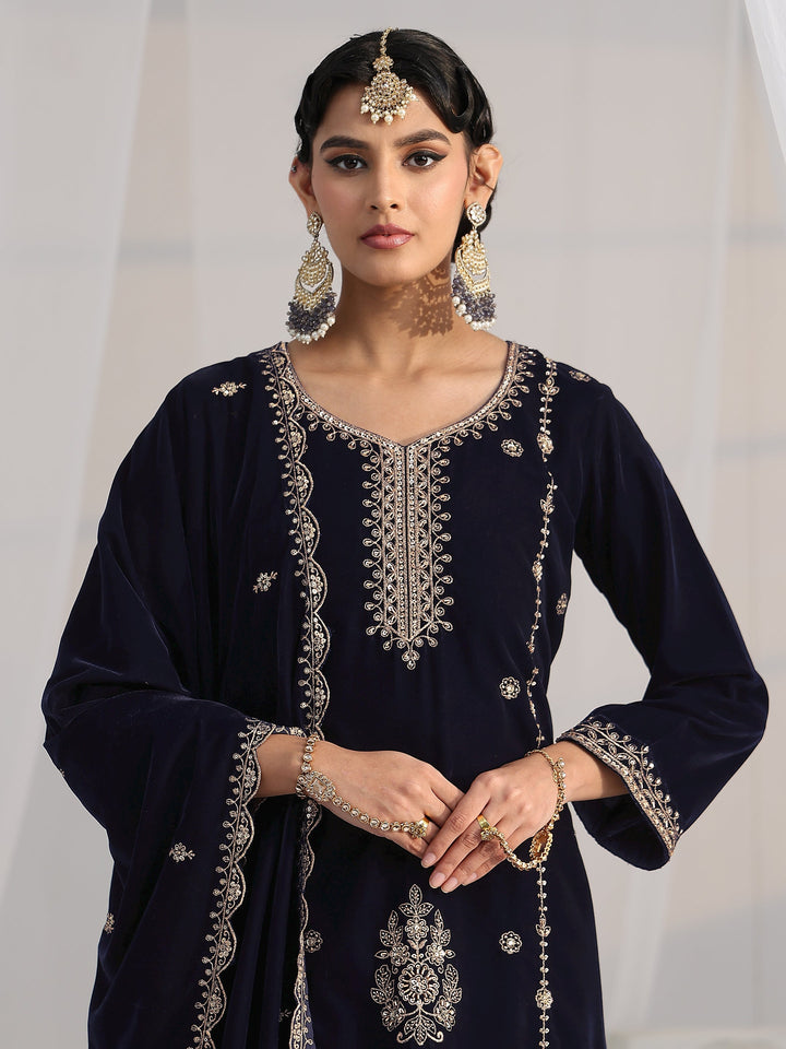 Libas Navy Blue Floral Embroidered Velvet Straight Suit Set