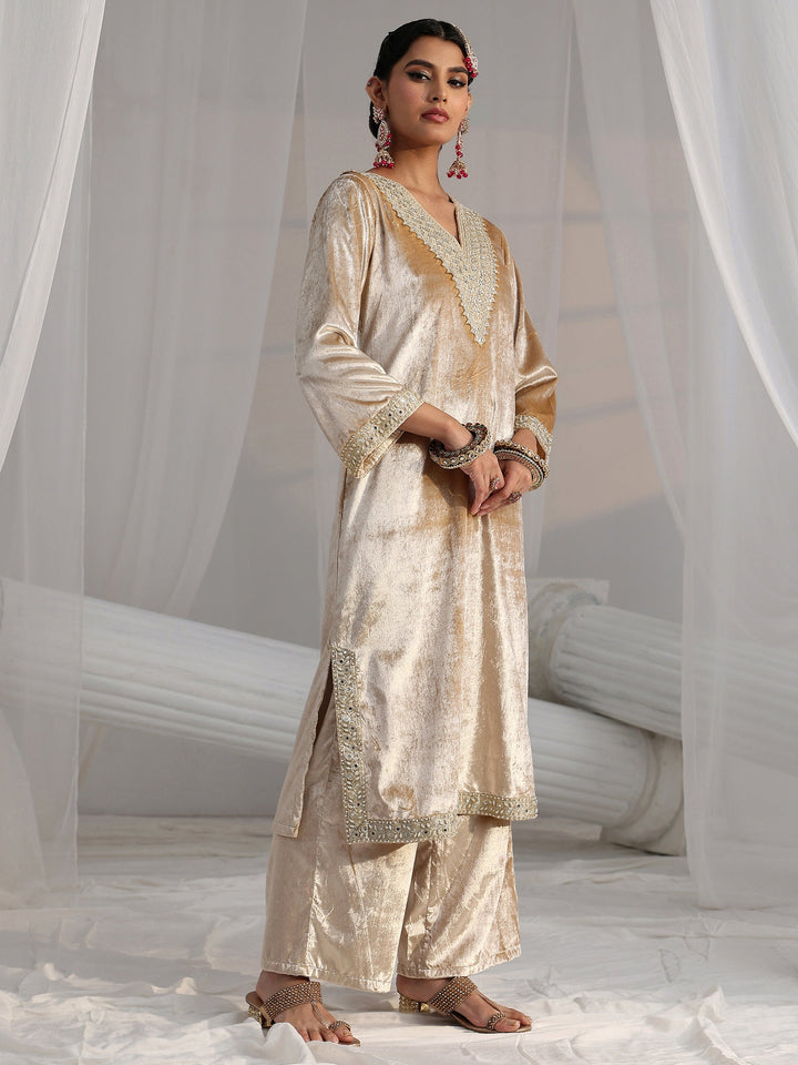 Libas Cream Embroidered Velvet Straight Suit Set