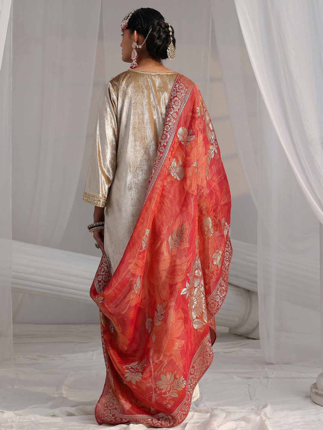 Libas Cream Embroidered Velvet Straight Suit Set