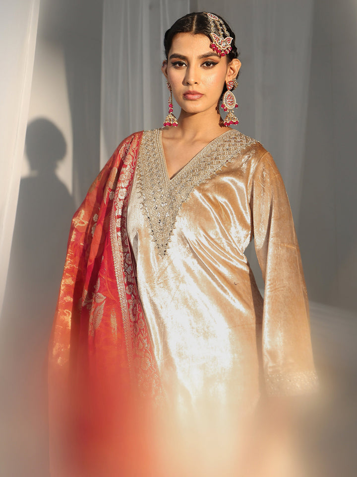 Libas Cream Embroidered Velvet Straight Suit Set