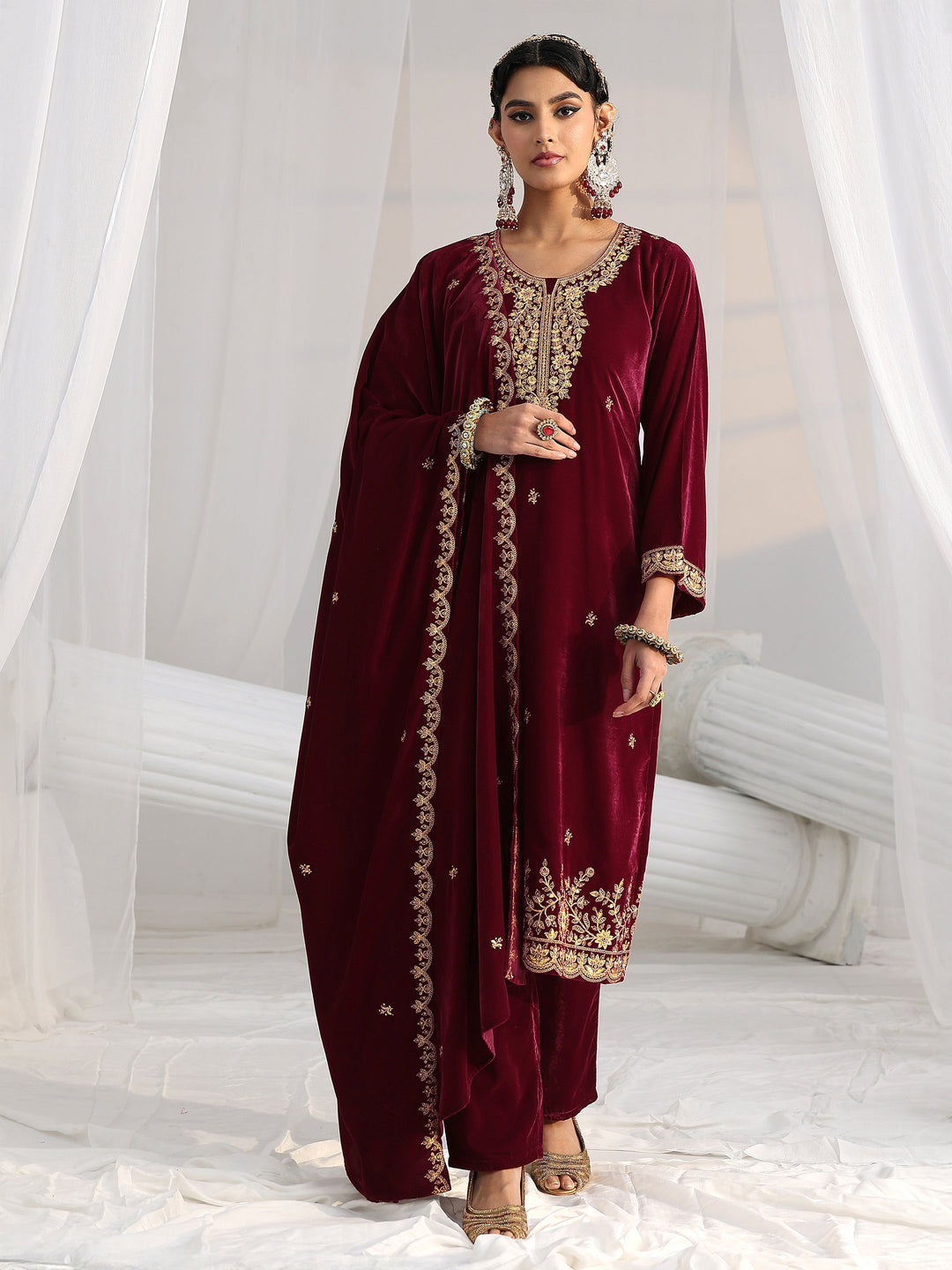 Libas Maroon Floral Embroidered Velvet Straight Suit Set