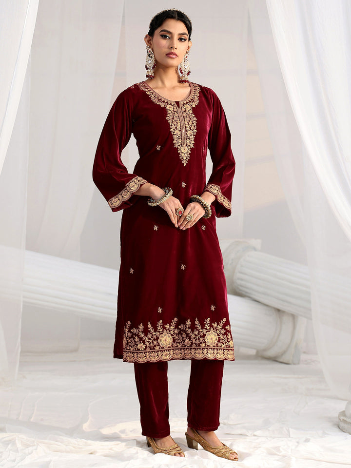 Libas Maroon Floral Embroidered Velvet Straight Suit Set