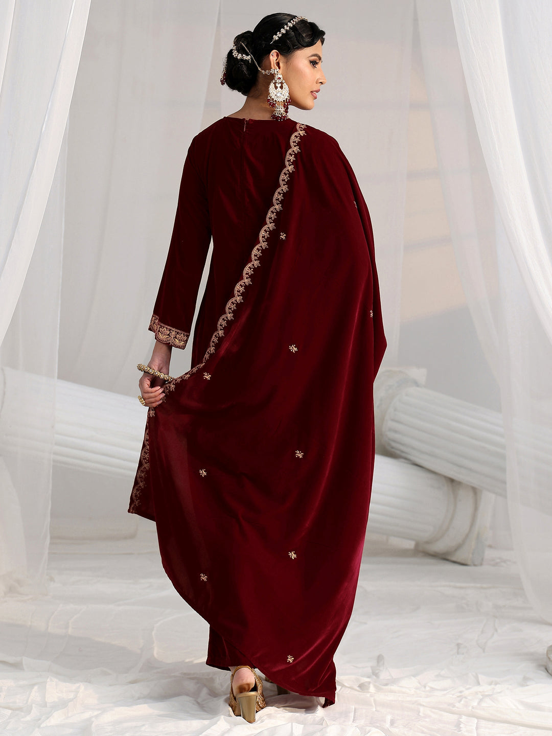 Libas Maroon Floral Embroidered Velvet Straight Suit Set