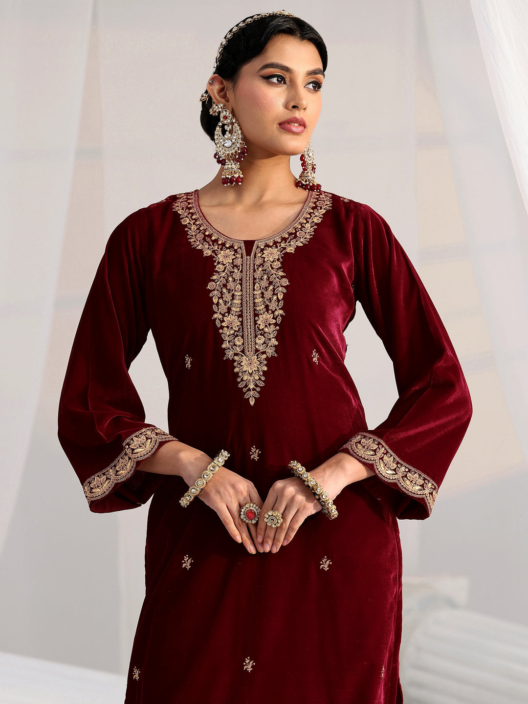 Libas Maroon Floral Embroidered Velvet Straight Suit Set