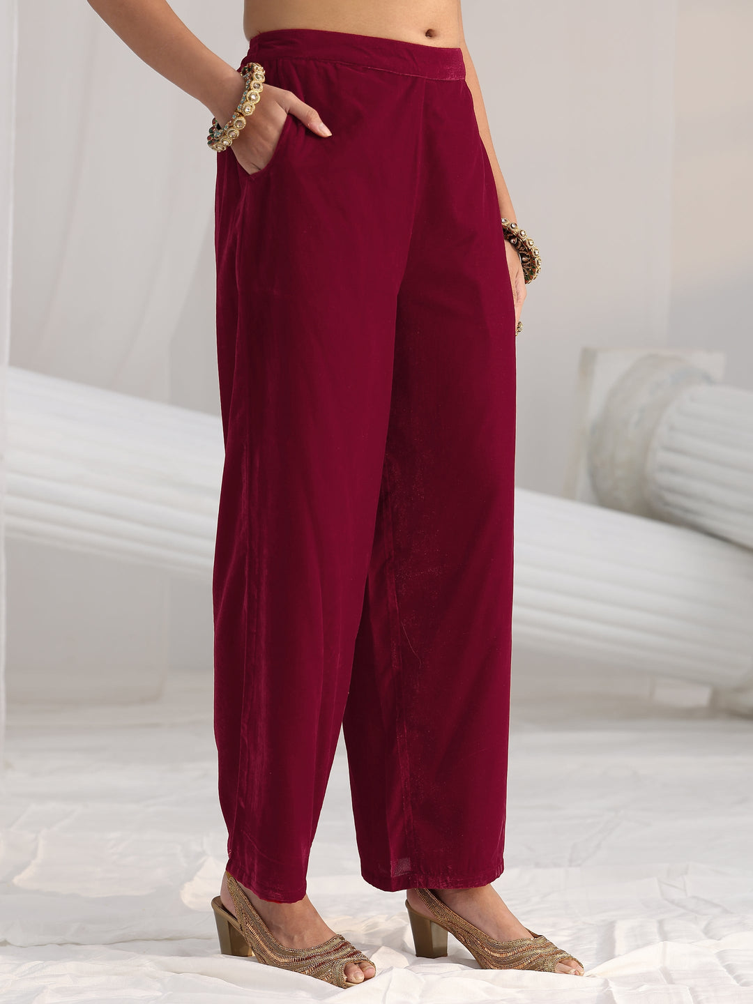 Libas Maroon Floral Embroidered Velvet Straight Suit Set