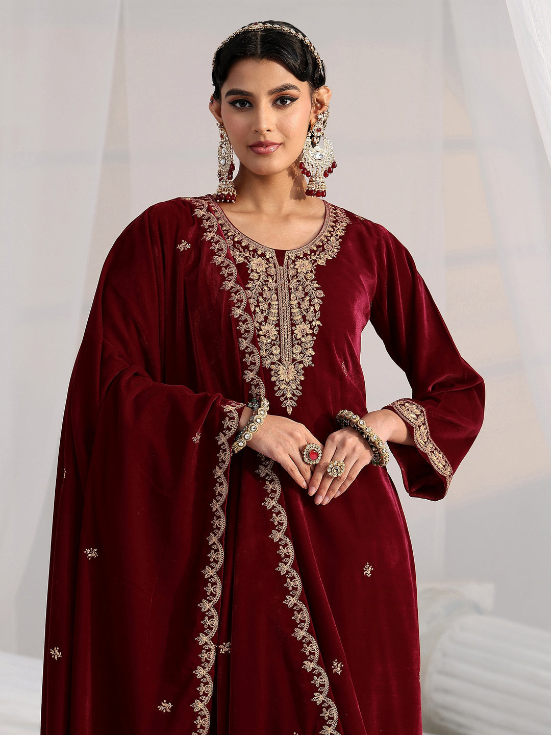 Libas Maroon Floral Embroidered Velvet Straight Suit Set