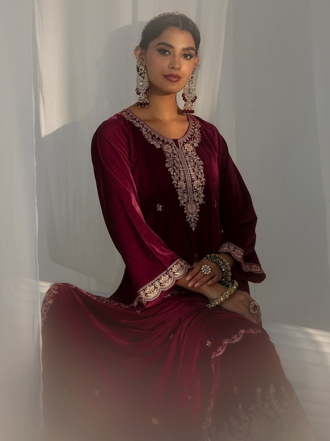 Libas Maroon Floral Embroidered Velvet Straight Suit Set