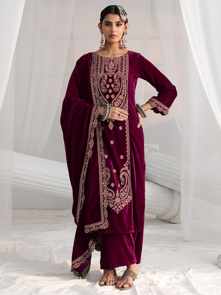 Libas Burgundy Paisley Embroidered Velvet Straight Suit Set