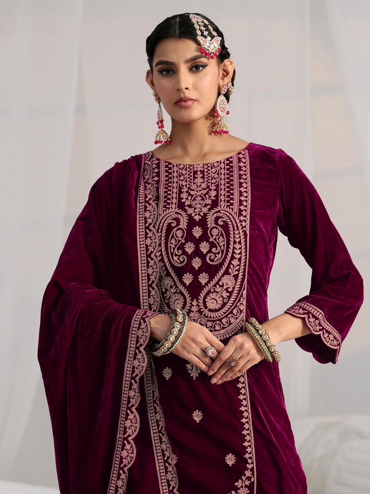 Libas Burgundy Paisley Embroidered Velvet Straight Suit Set