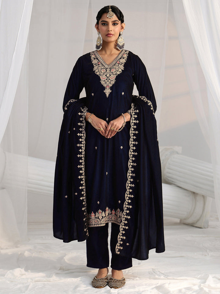Libas Navy Blue Embroidered Velvel Straight Suit Set
