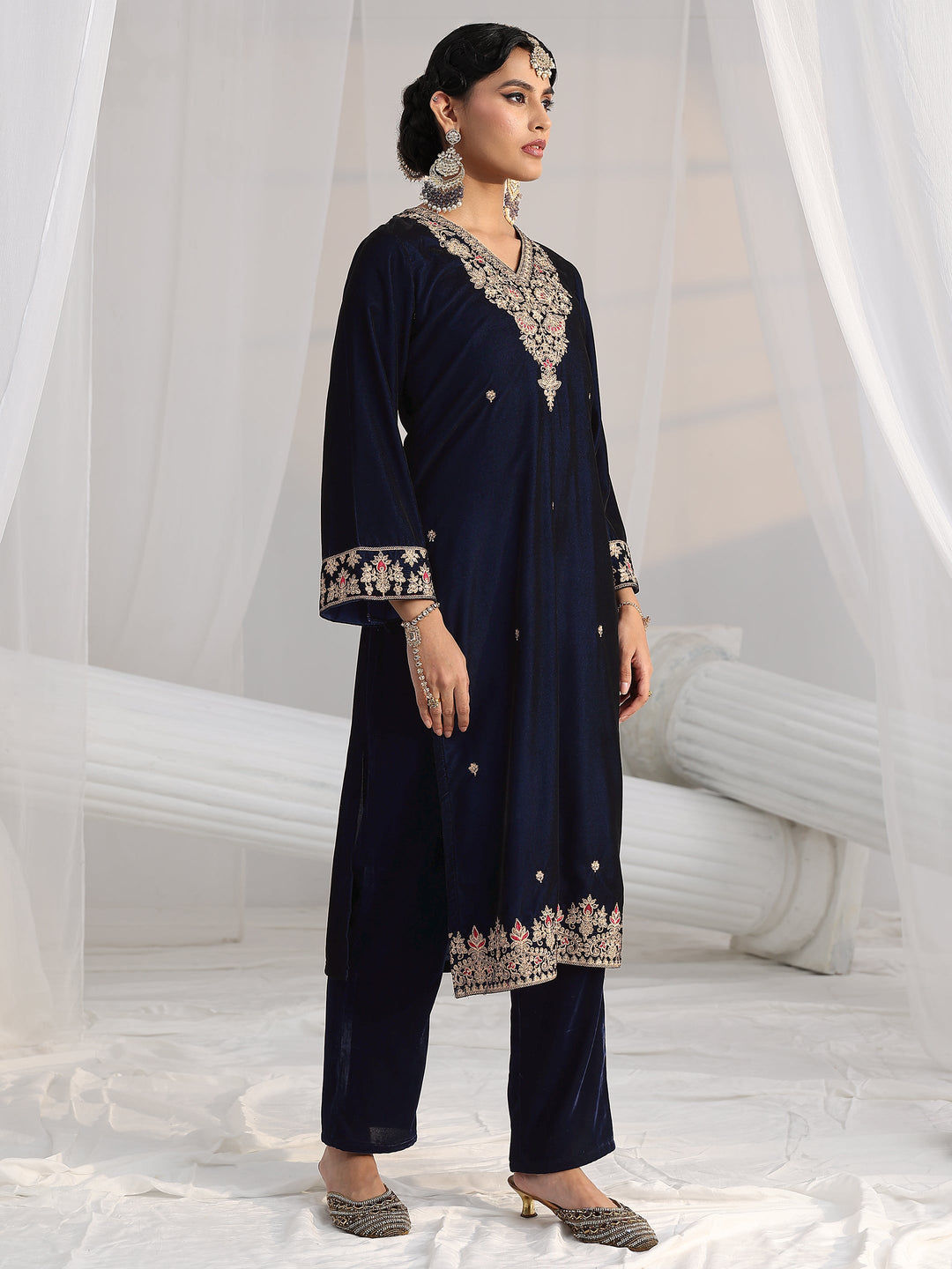 Libas Navy Blue Embroidered Velvel Straight Suit Set