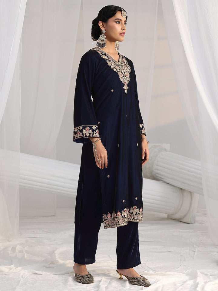 Libas Navy Blue Embroidered Velvel Straight Suit Set