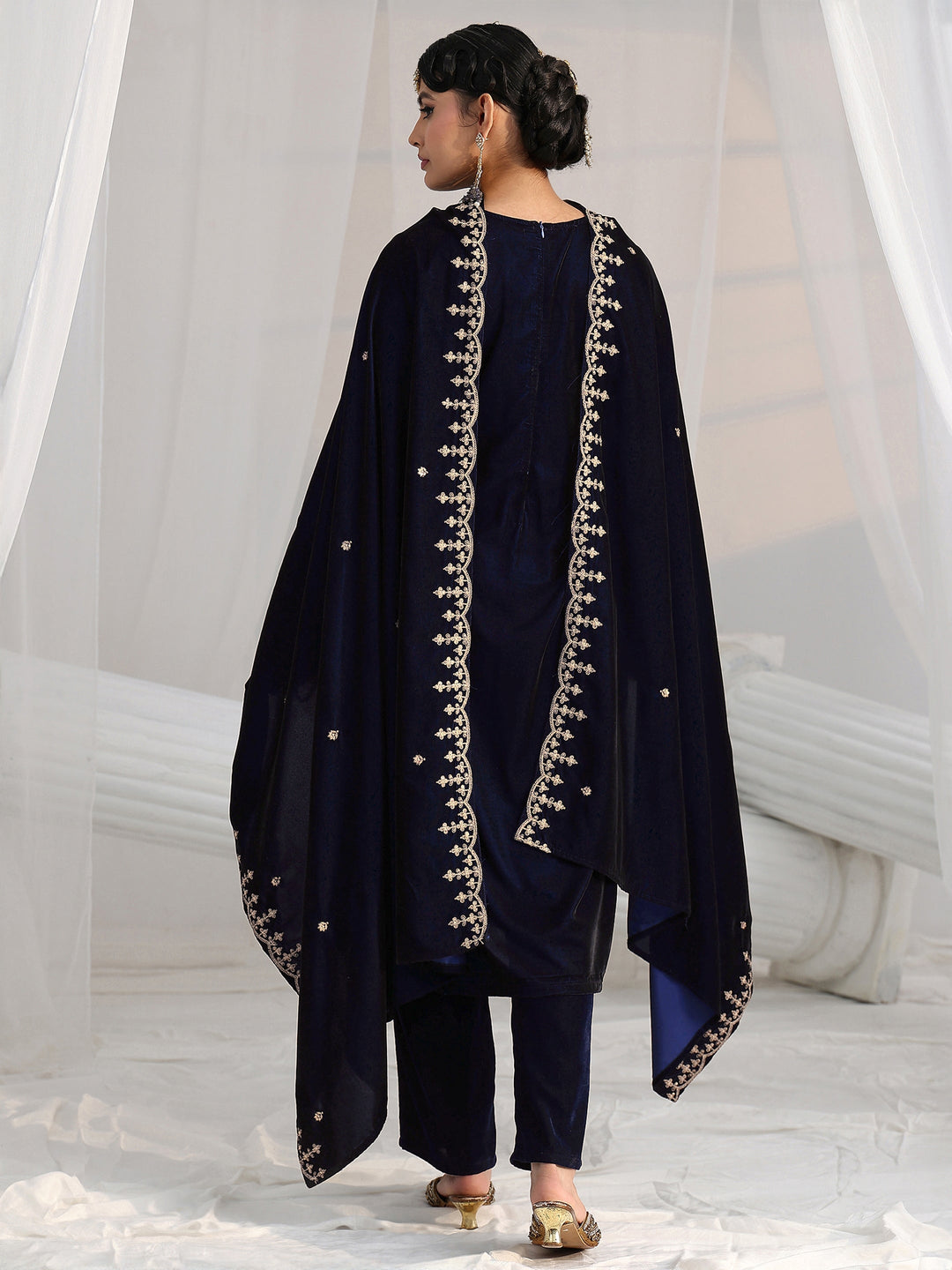 Libas Navy Blue Embroidered Velvel Straight Suit Set