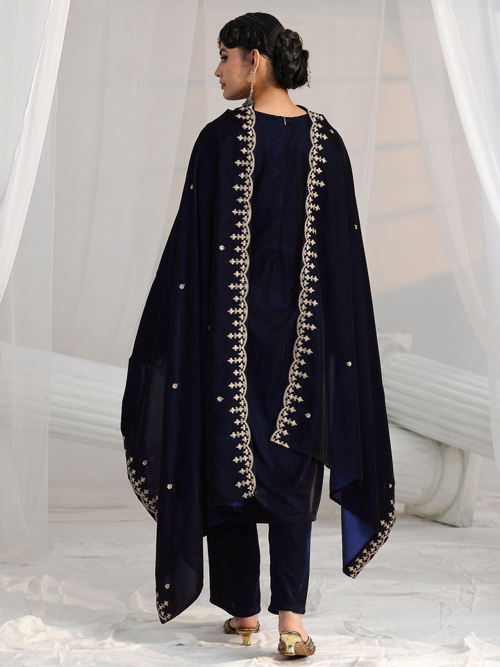 Libas Navy Blue Embroidered Velvel Straight Suit Set