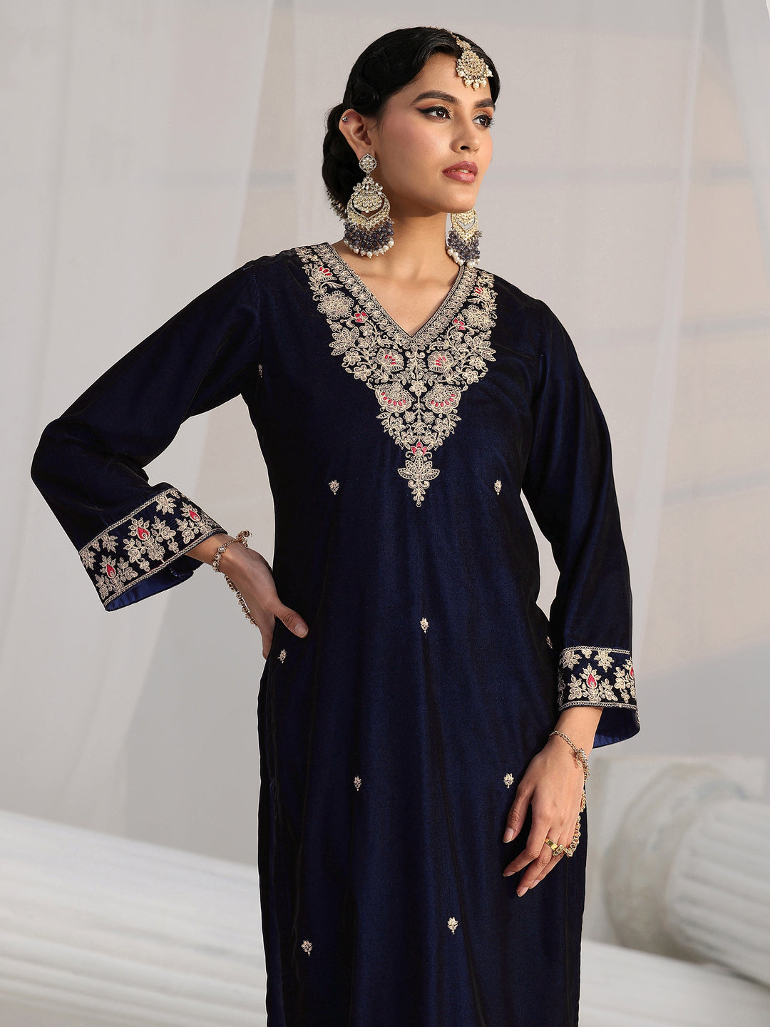 Libas Navy Blue Embroidered Velvel Straight Suit Set