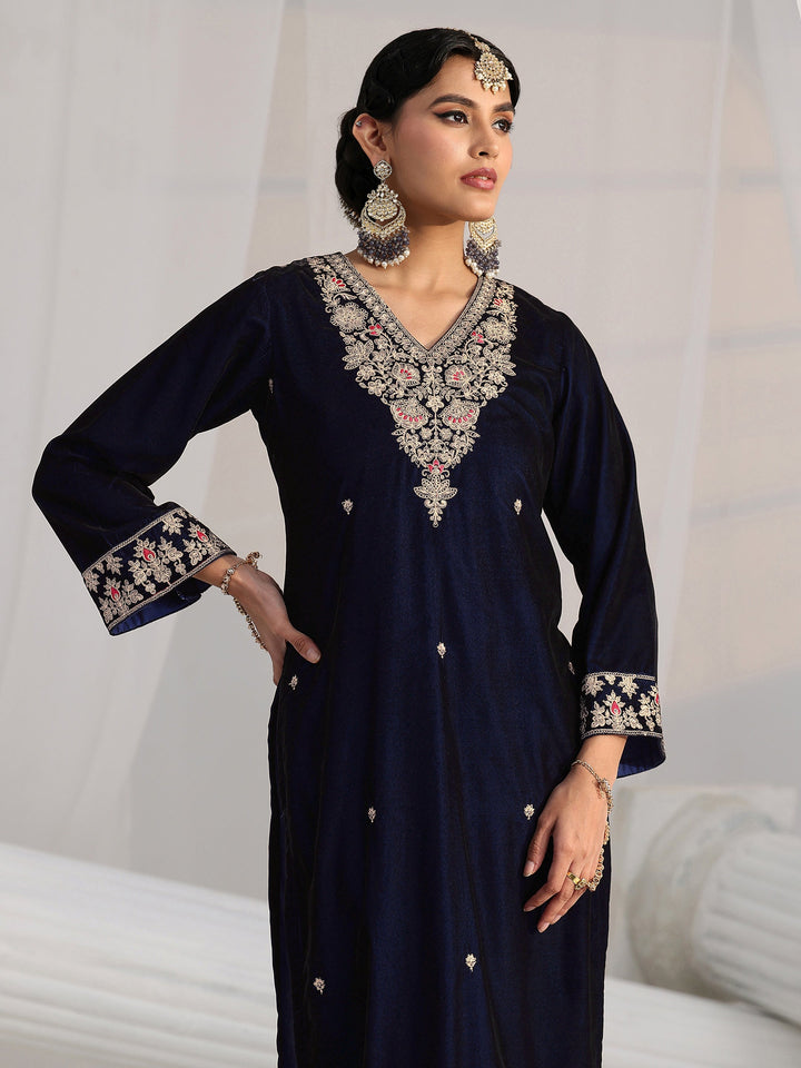 Libas Navy Blue Embroidered Velvel Straight Suit Set