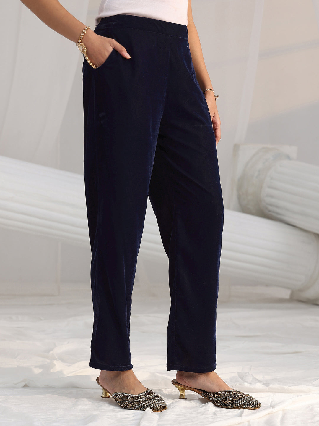 Libas Navy Blue Embroidered Velvel Straight Suit Set