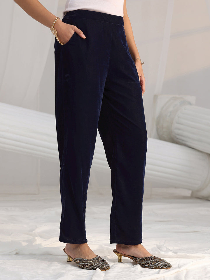Libas Navy Blue Embroidered Velvel Straight Suit Set