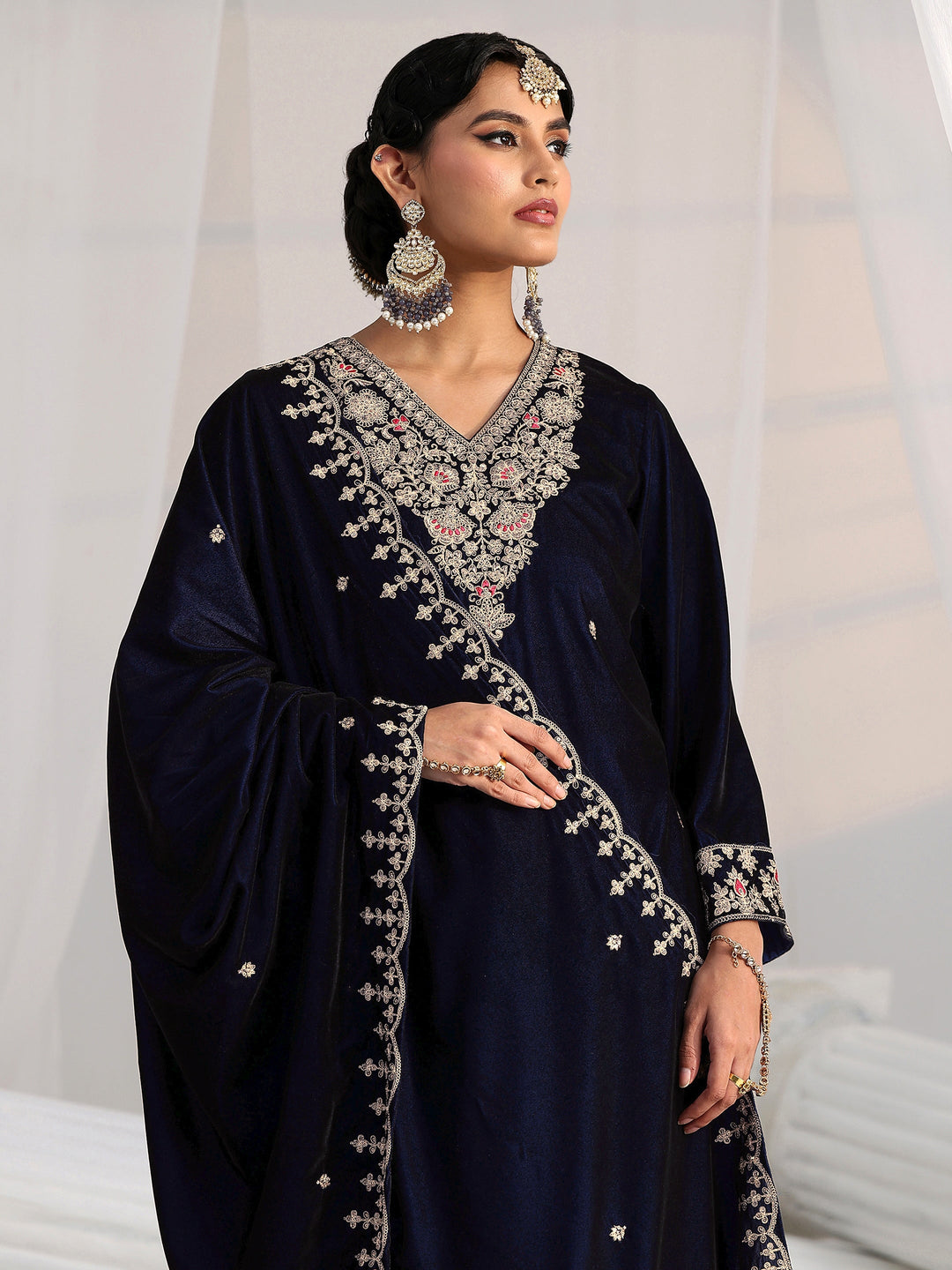 Libas Navy Blue Embroidered Velvel Straight Suit Set