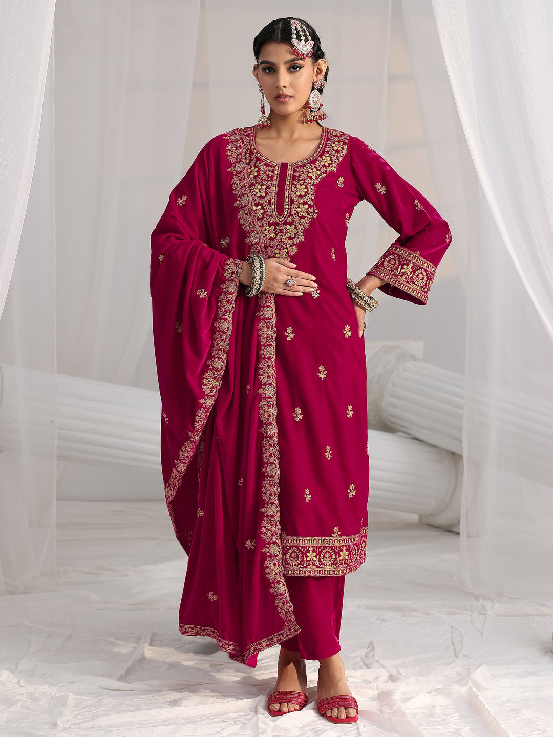 Libas Red Floral Embroidered Velvet Straight Suit Set