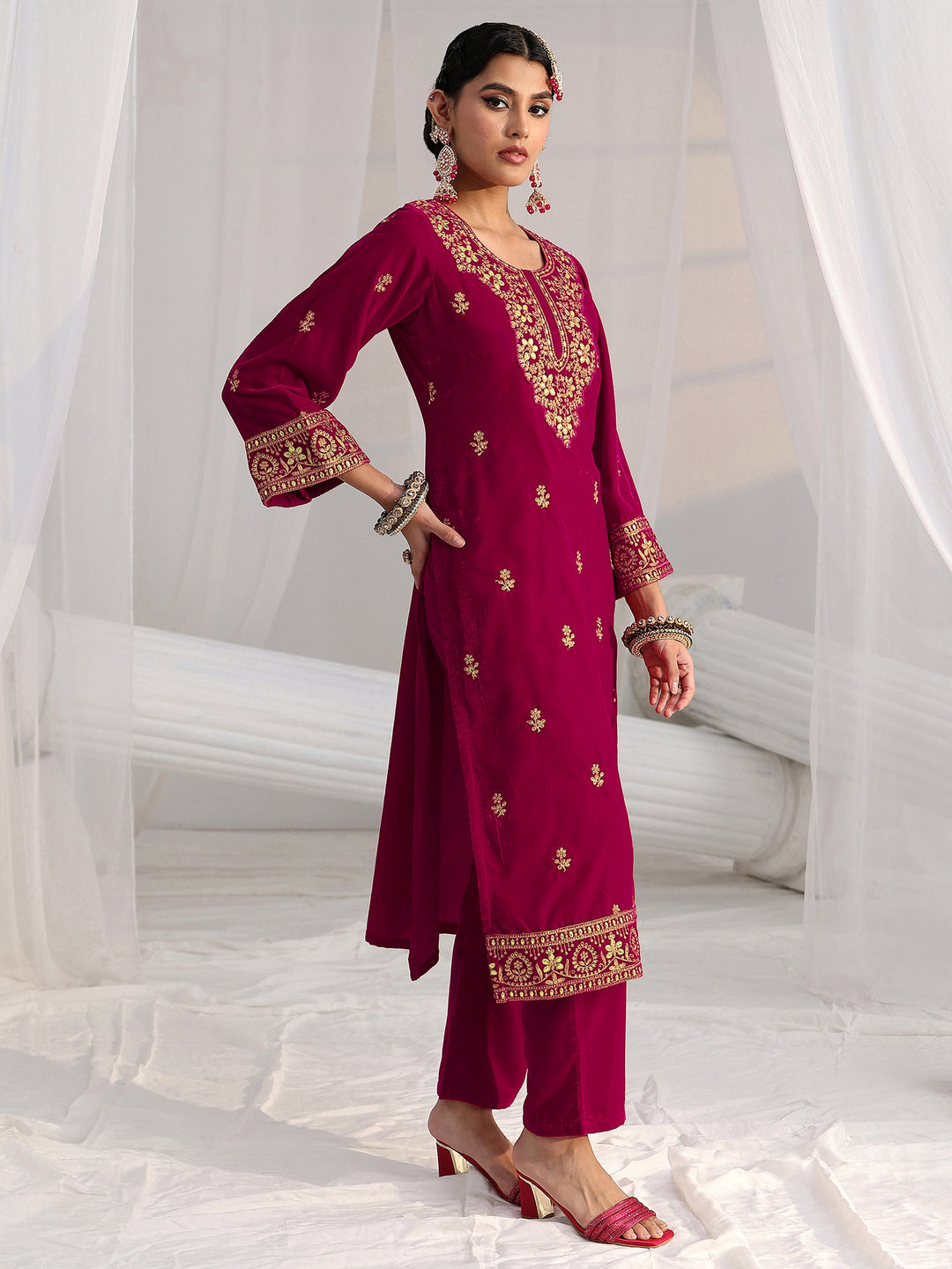 Libas Red Floral Embroidered Velvet Straight Suit Set