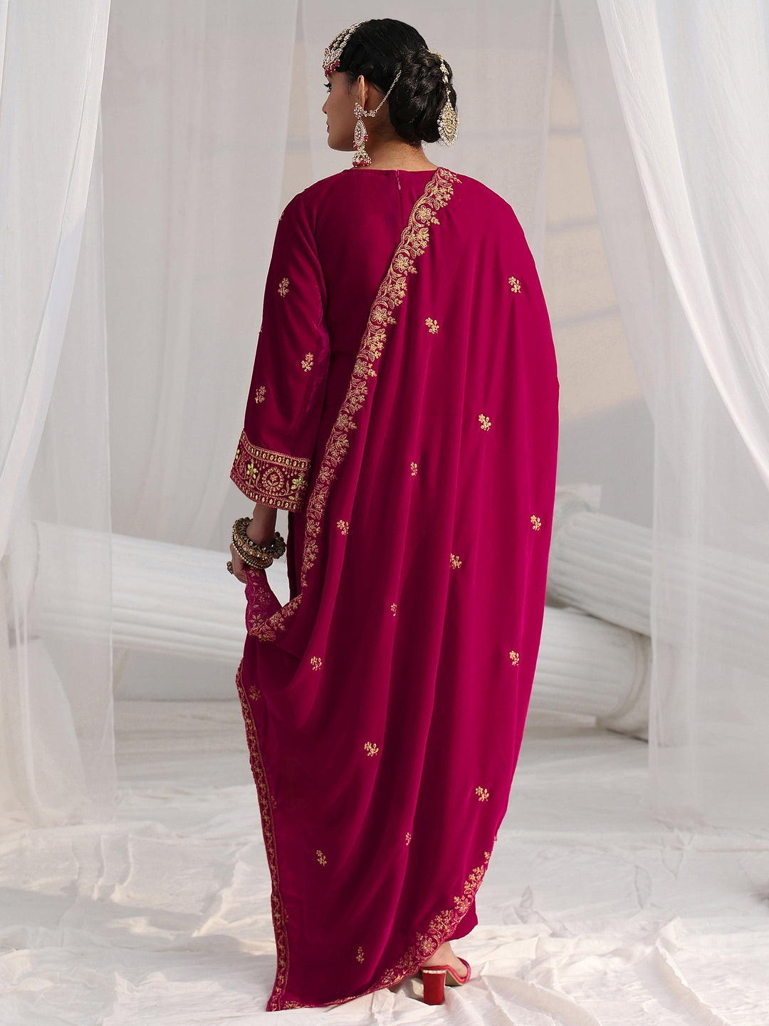Libas Red Floral Embroidered Velvet Straight Suit Set