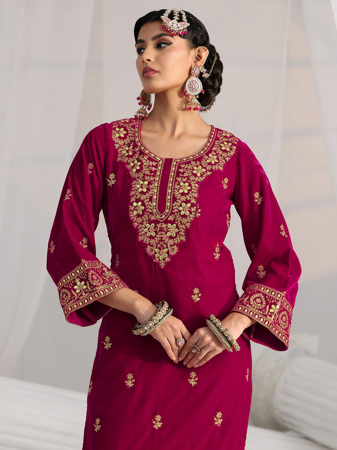 Libas Red Floral Embroidered Velvet Straight Suit Set