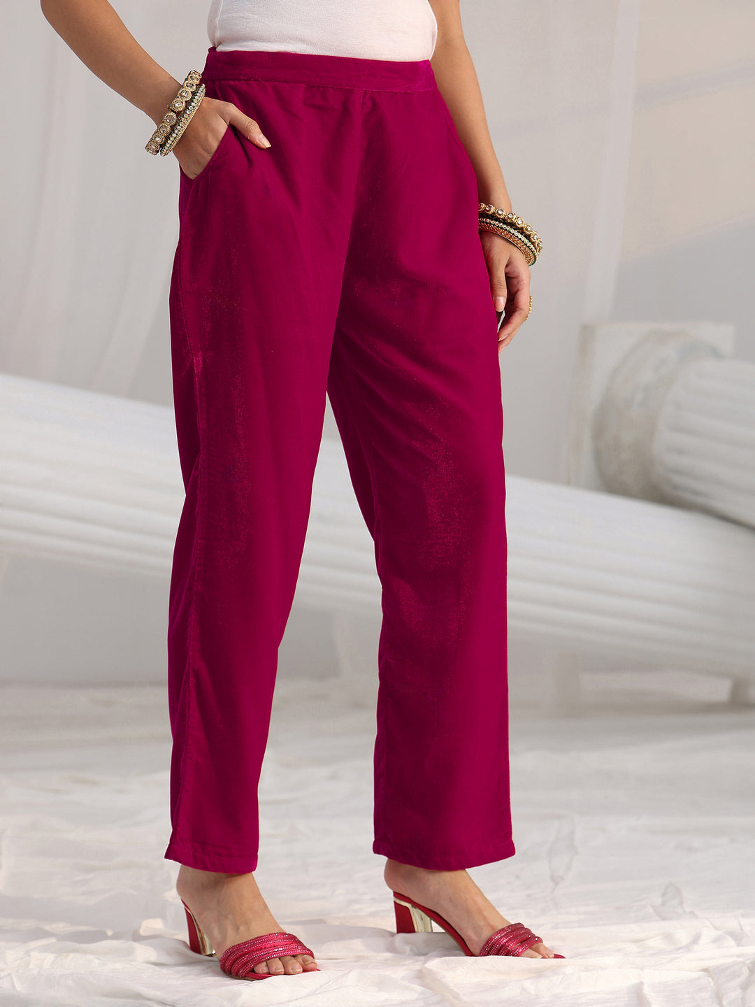 Libas Red Floral Embroidered Velvet Straight Suit Set