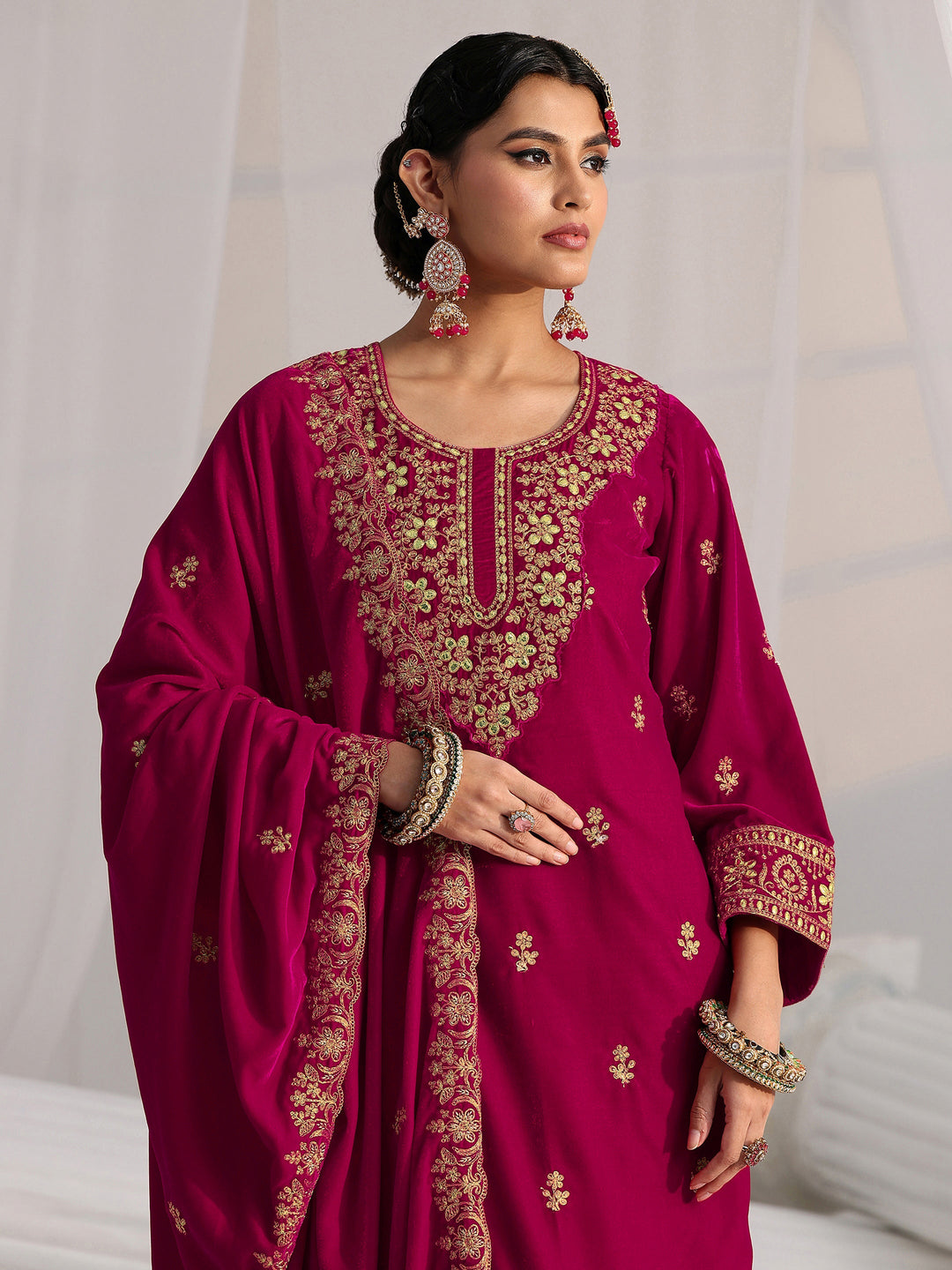 Libas Red Floral Embroidered Velvet Straight Suit Set