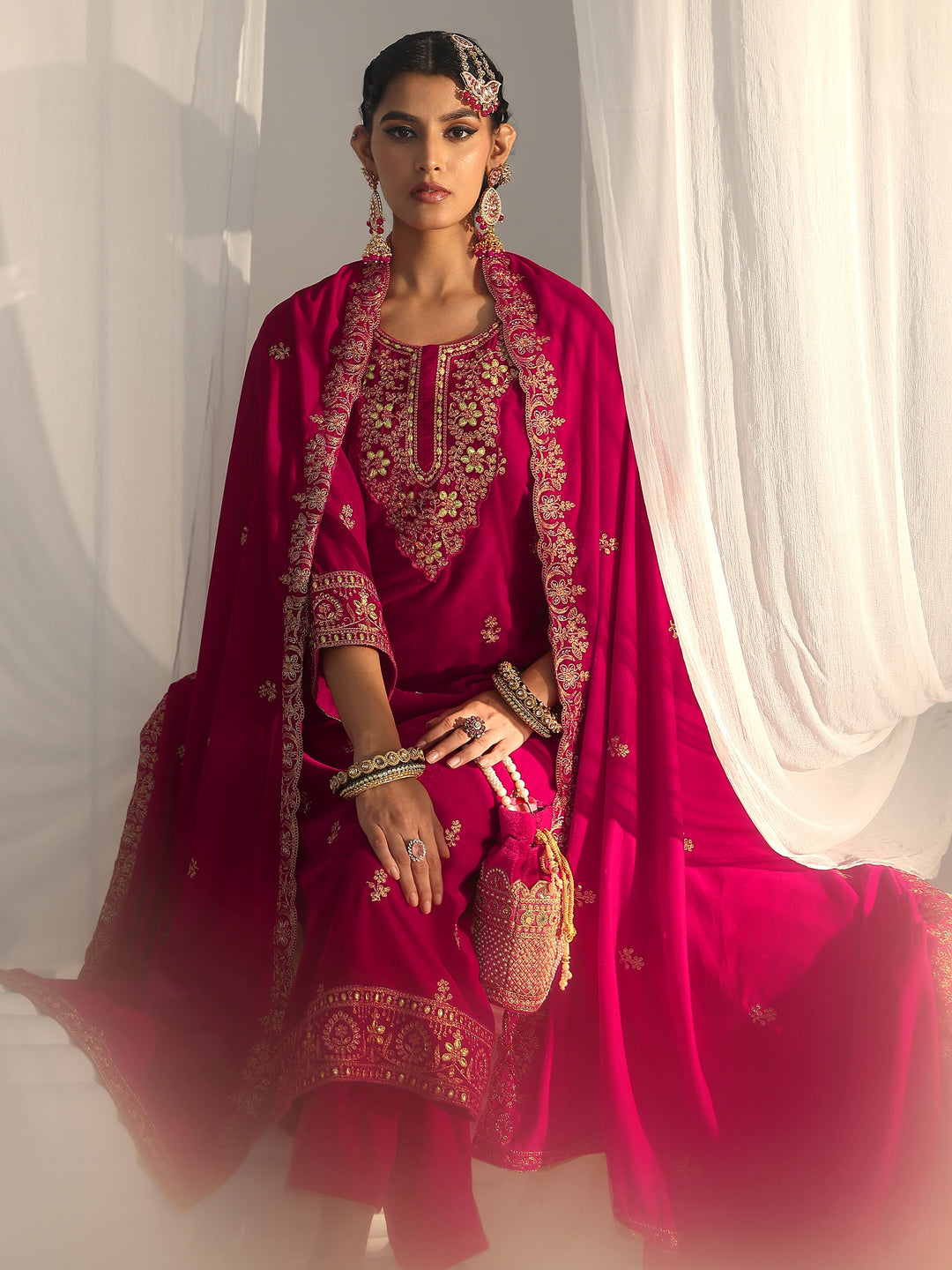 Libas Red Floral Embroidered Velvet Straight Suit Set