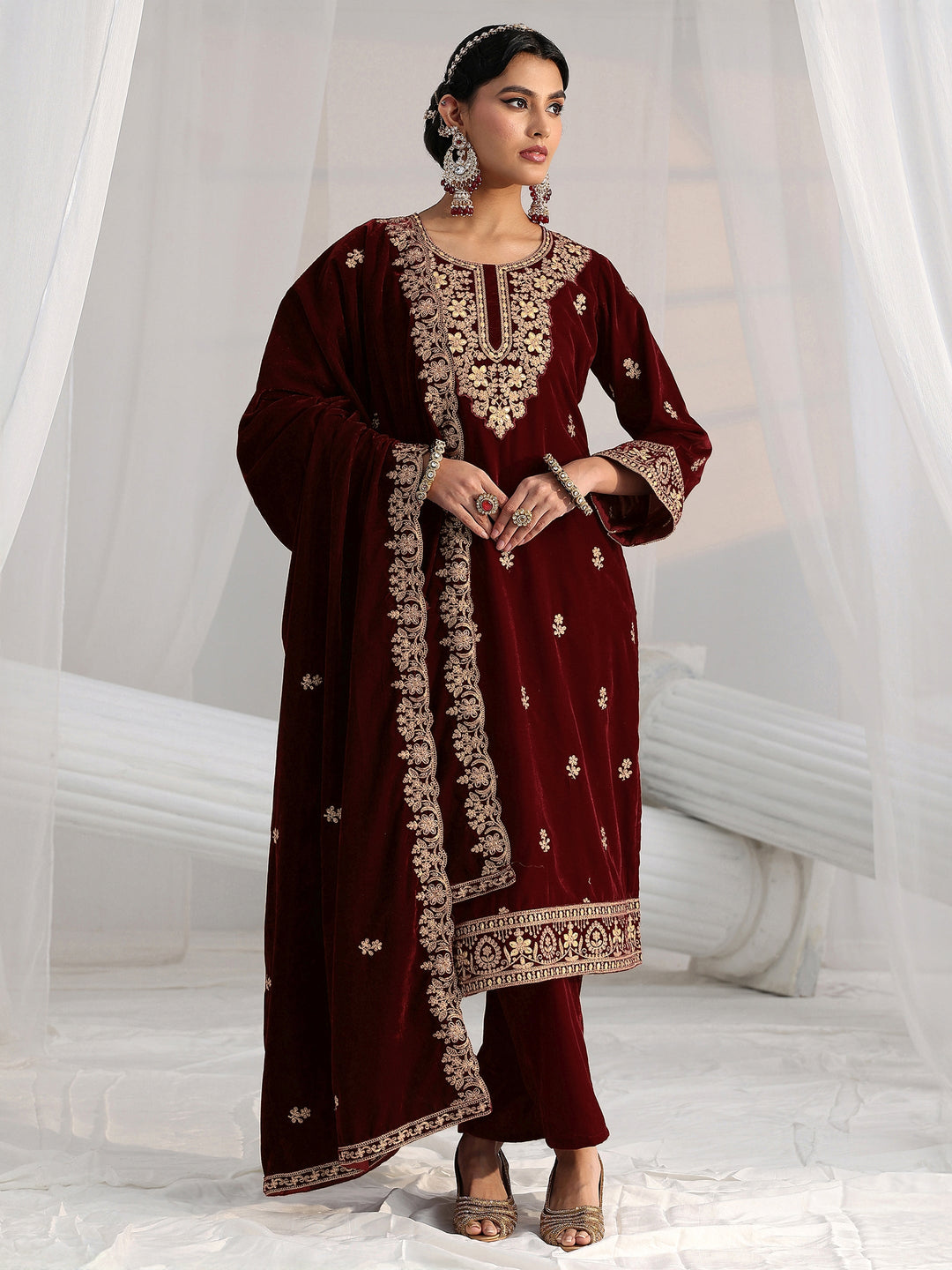 Libas Maroon Floral Embroidered Velvet Straight Suit Set