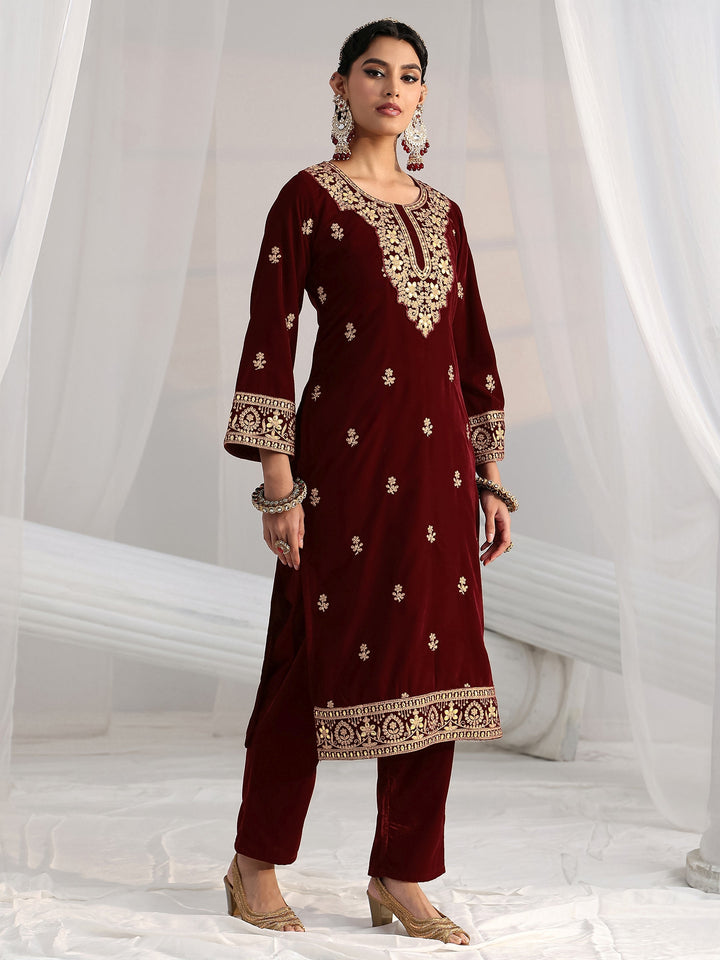Libas Maroon Floral Embroidered Velvet Straight Suit Set
